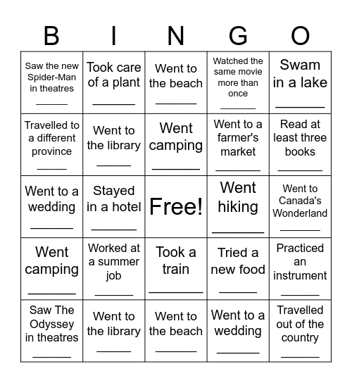 Summer Bingo Card