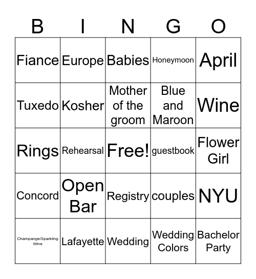 ~ Wedding Shower Bingo ~ Bingo Card