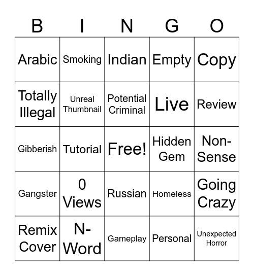 Unpopular Youtube Video Bingo Card