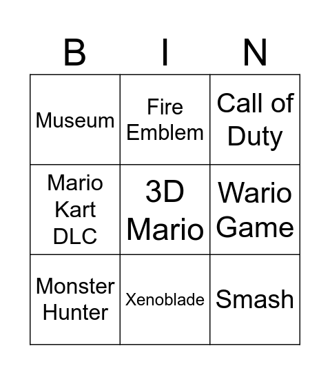 Nintendo Direct Bingo Card