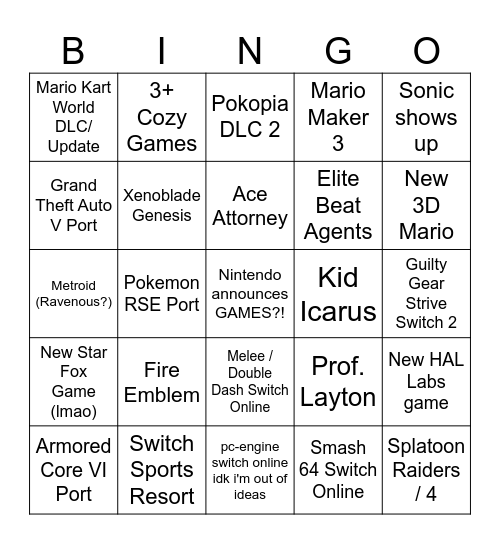 Nintendo Direct Sept '26 Bingo Card