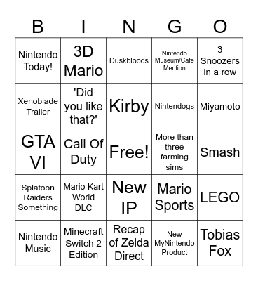 Nintendo Direct Bingo 2026 September Bingo Card