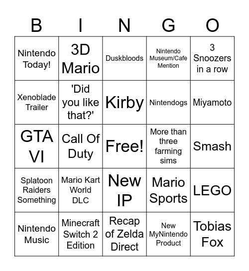 Nintendo Direct Bingo 2026 September Bingo Card