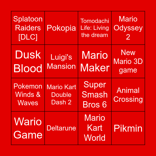 Nintendo Direct Bingo Card
