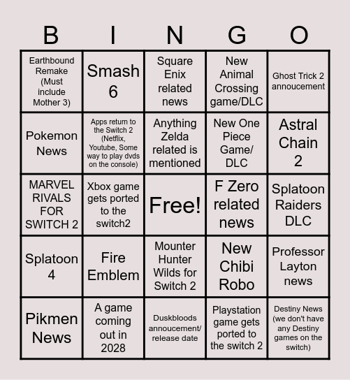 Nintendo Direct Bingo Card