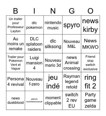 Nintendo direct Bingo Card