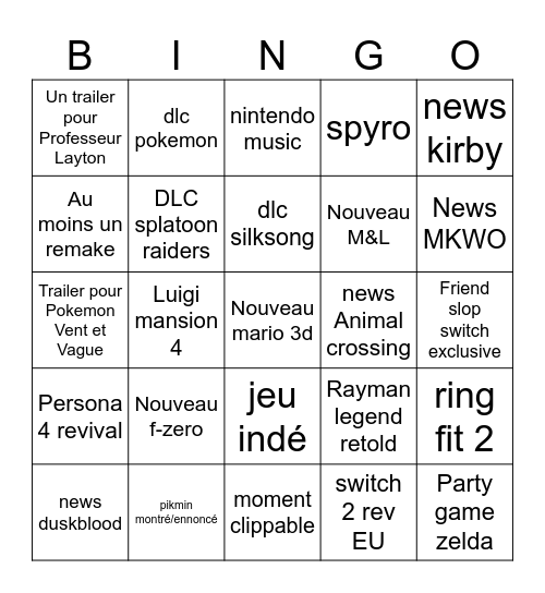 Nintendo direct Bingo Card