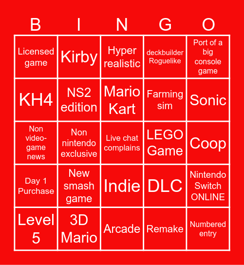 Nintendo Direct Bingo Card