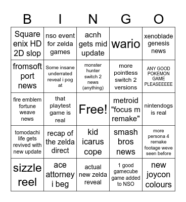 Nintendo direct 9/9/2026 Bingo Card