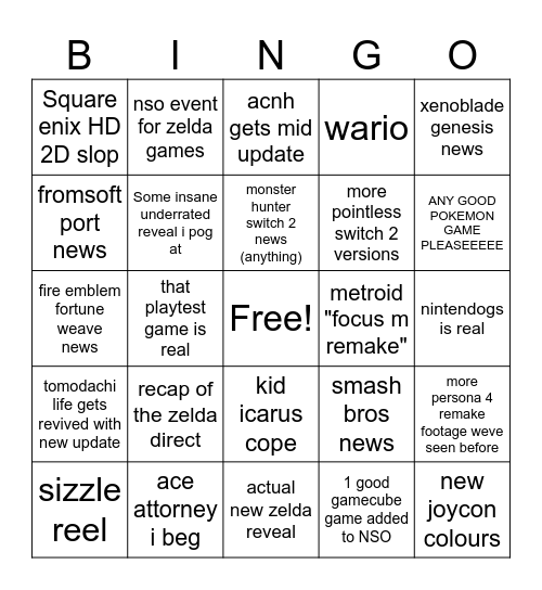 Nintendo direct 9/9/2026 Bingo Card