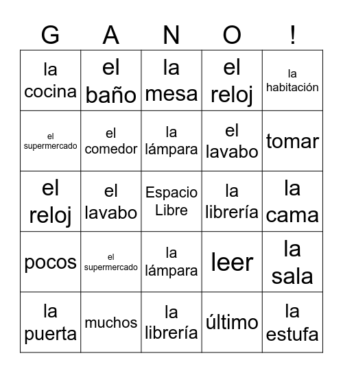 Spanish 1 Vocab 2A Bingo Card