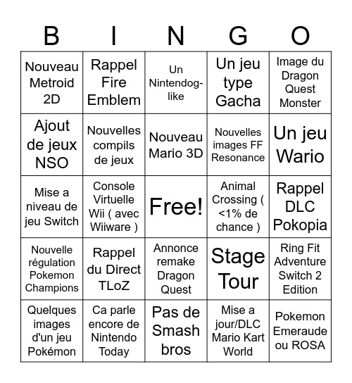 Nintendo Direct 99 Bingo Card