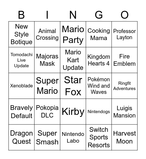 Nintendo Direct Bingo Card