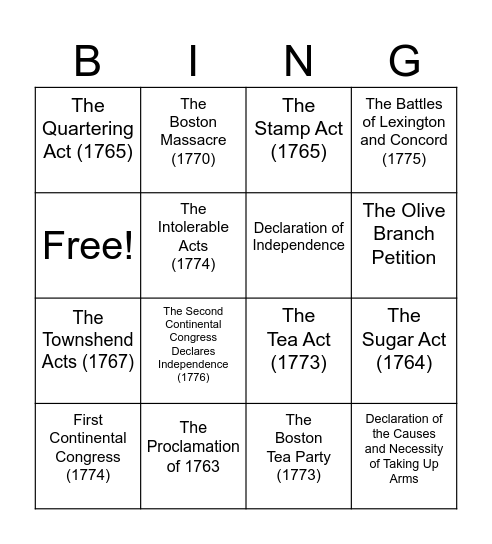 Events Leading to the American Revolution Bingo Card