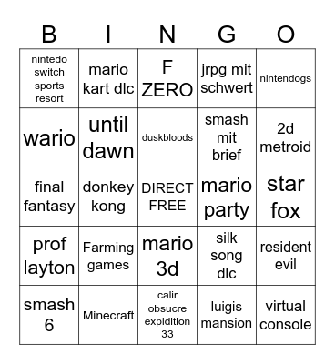 Nintendo Direct Bingo Card