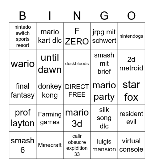 Nintendo Direct Bingo Card