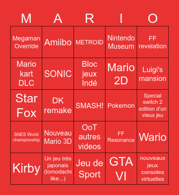Nintendo Direct Bingo Card