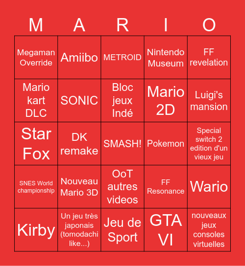 Nintendo Direct Bingo Card