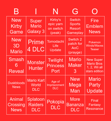 Nintendo Direct 9/9/26 Predictions Bingo Card