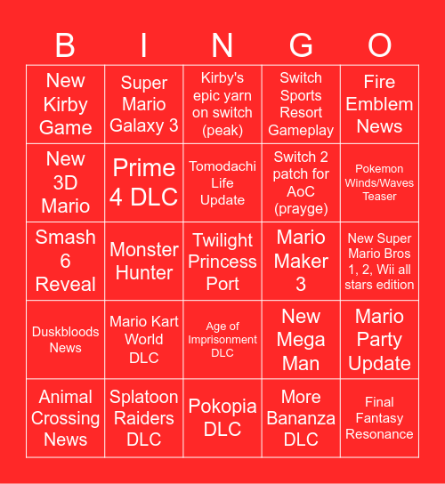 Nintendo Direct 9/9/26 Predictions Bingo Card