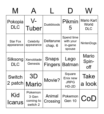 Nintendo Di Erect Bingo Card