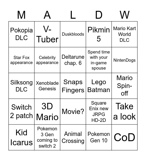Nintendo Di Erect Bingo Card