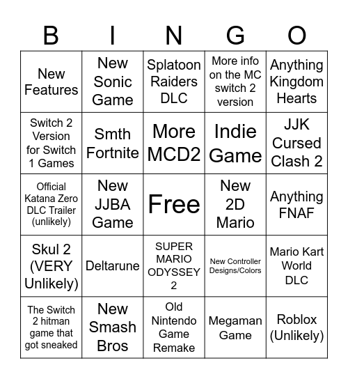 Nintendo Direct Bingo Card