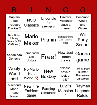 Nintendo Direct Bingo Card
