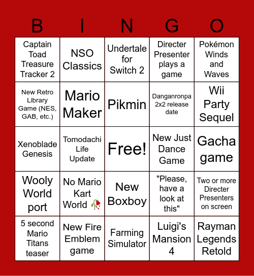 Nintendo Direct Bingo Card