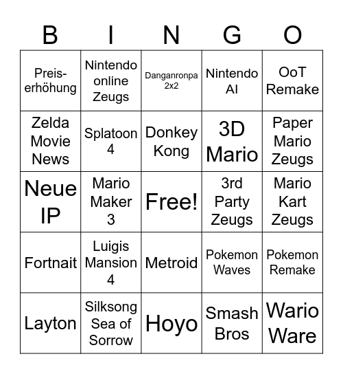 Nintendo Direct Hoffnung Bingo Card