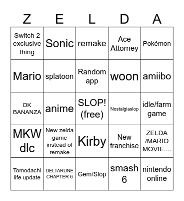 NINTENDO DIRECT Bingo Card