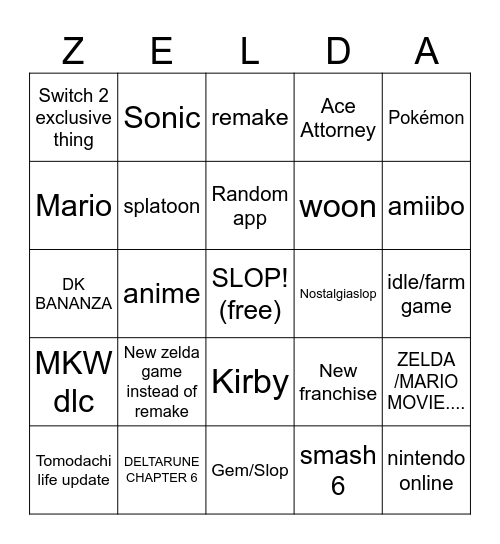 NINTENDO DIRECT Bingo Card