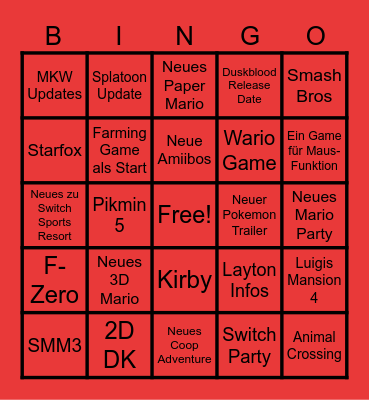 Nintendo Direct Bingo Card