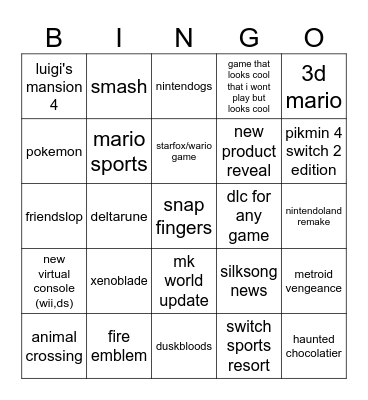 nintendo direct Bingo Card