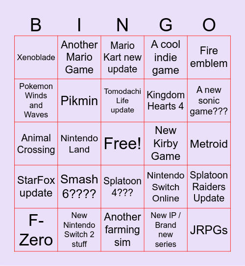 Nintendo Direct Prediction BINGO Card