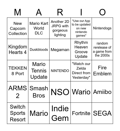 Nintendo 9/9/26 Bingo Card