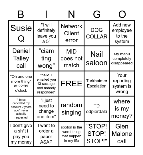 CUSTOMER SERVICE BINGO Card