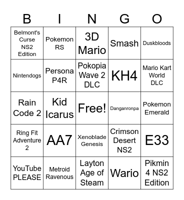 Sept 2026 Nintendo Direct Bingo Card