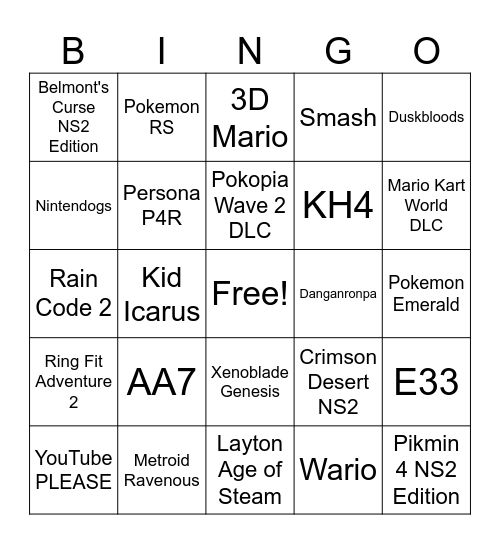 Sept 2026 Nintendo Direct Bingo Card