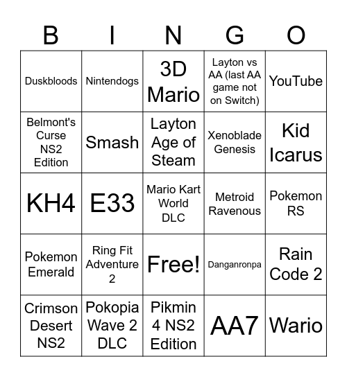 Sept 2026 Nintendo Direct Bingo Card