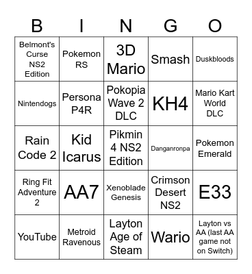 Sept 2026 Nintendo Direct Bingo Card
