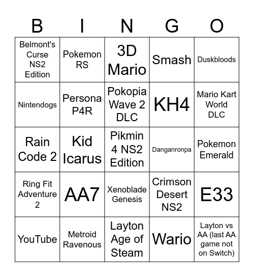 Sept 2026 Nintendo Direct Bingo Card