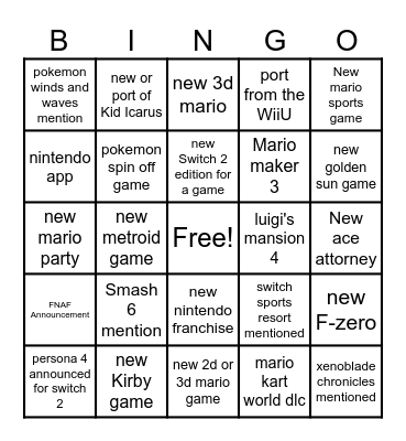 nintendo direct bingo Card