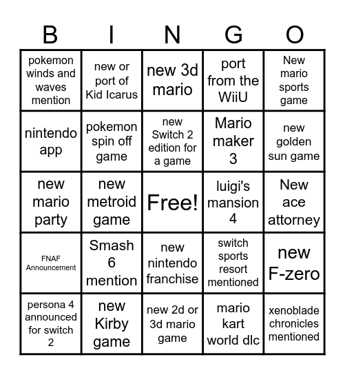 nintendo direct bingo Card