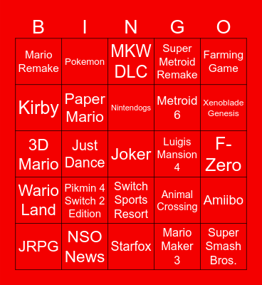 Nintendo Direct September 2026 Bingo Card