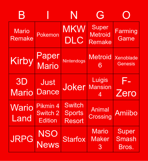Nintendo Direct September 2026 Bingo Card
