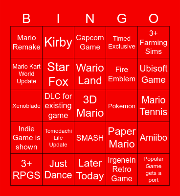 Nintendo Direct March 2025 Bingo Card