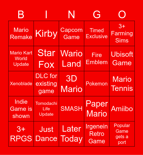 Nintendo Direct March 2025 Bingo Card
