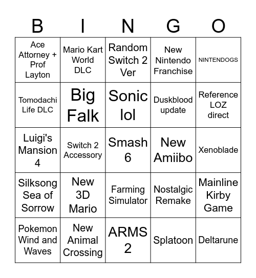 Nintendo Direct Bingo Card