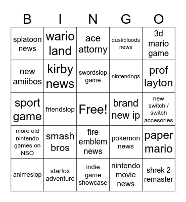 nintendo direct Bingo Card
